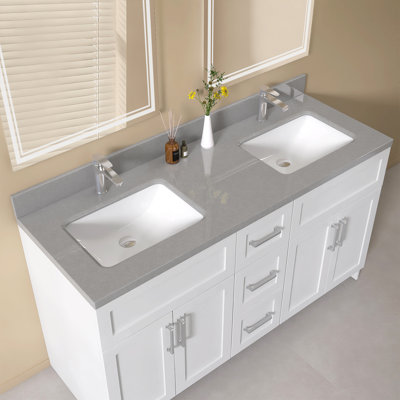 Évier intégré de meuble-lavabo double en pierre d'ingénierie l 60 po x P 22 po avec dosseret gris moucheté 4 po