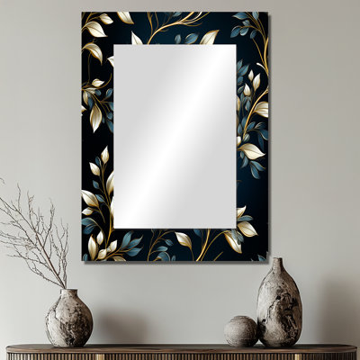 Jarett Gold And Blue Royal Botanical Vines - Floral Unique Wall Mirror Decor, Cottage Large Mirror, Printed Metal Art