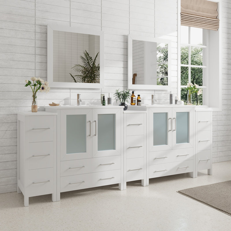 Karson 96'' Double Bathroom Vanity with Ceramic Top with Mirror, White