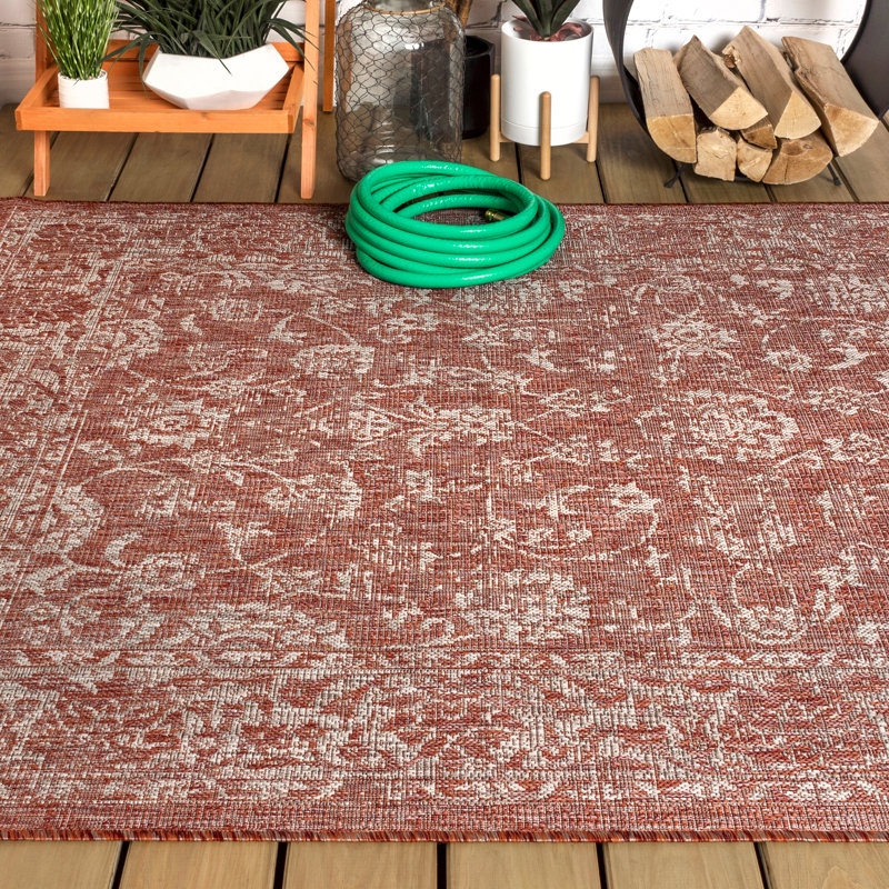 Leonora Bohemian Textured Weave Floral Red/Taupe Indoor/Outdoor Rug, Rectangle 10' x 14'