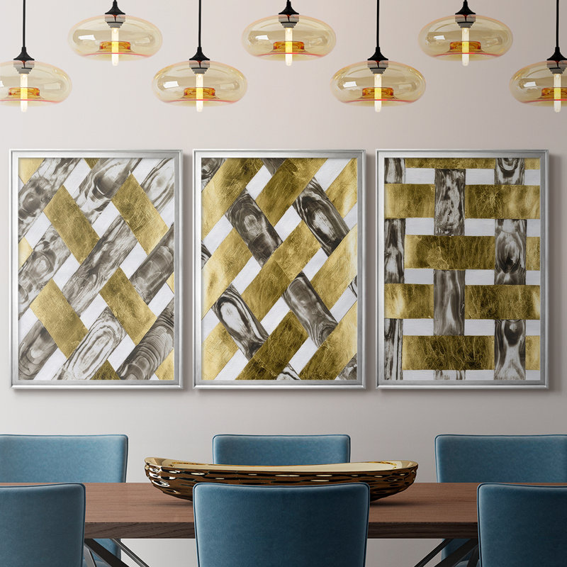 End Grain Weave I - Toile tendue avec châssis sur mesure - 3 pièces, H 19 po x l 45 po, Argent argent