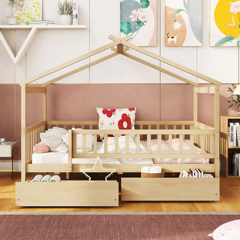 Lit en bois avec deux tiroirs, Naturel, Complète