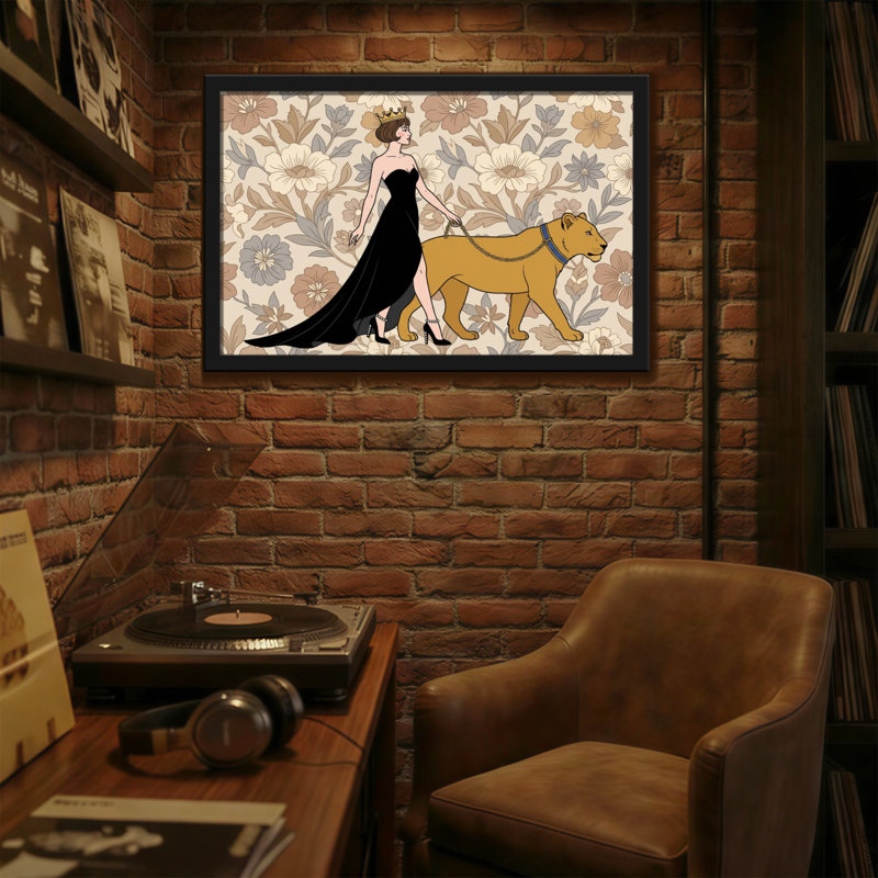 Animaux, fond floral, reine avec lion, H 24 po x l 36 po