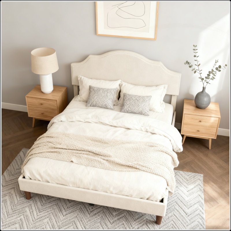 Grand lit plateforme tapissier avec tête de lit ajustable, tissu en lin, style simple et moderne, robuste et confortable