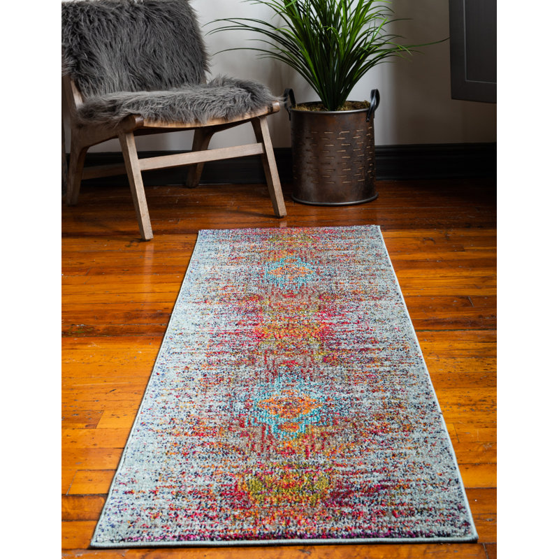 Tapis bleu / rouge / pêche Dimonetta, Tapis de couloir 2 pi 7 po x 10 pi