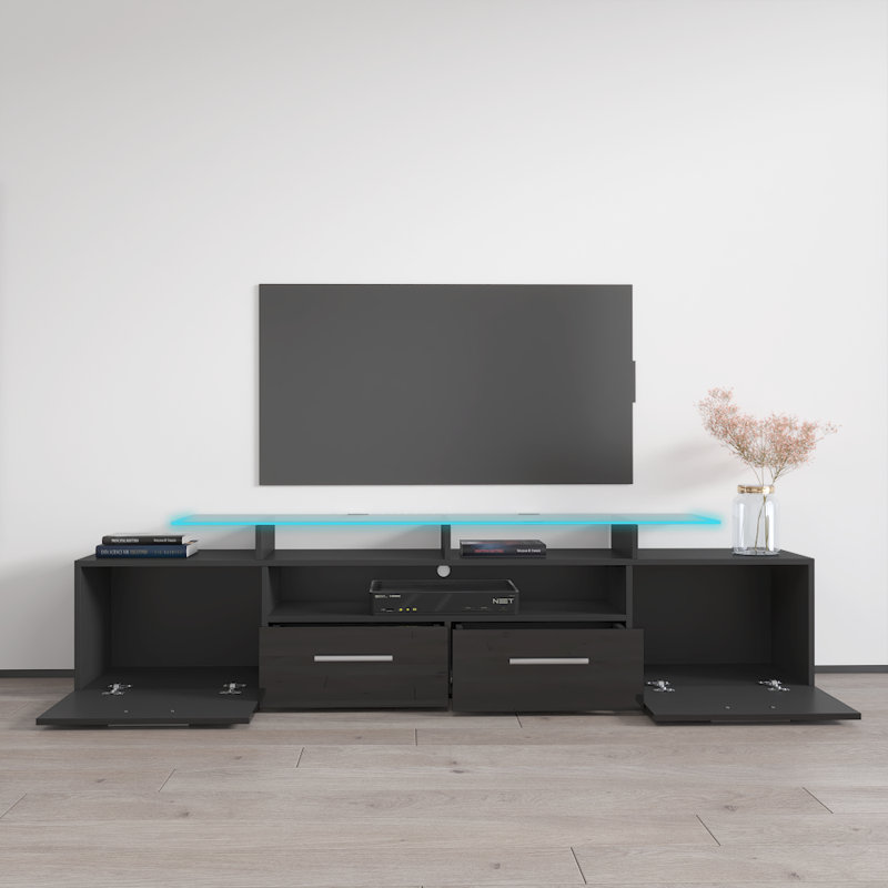 Aghancrossy 76.3" Modern TV Stand with LED Lighting, High Gloss Finish, Media Storage, Black