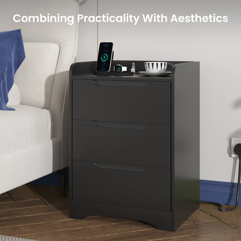 3 Drawer Bedside Table with Charging Station, Bedside Cabinet with Spacious Tabletop, 2 AC Sockets, 1 USB-A & 1 USB-C Port, 35cm W Bedside Table