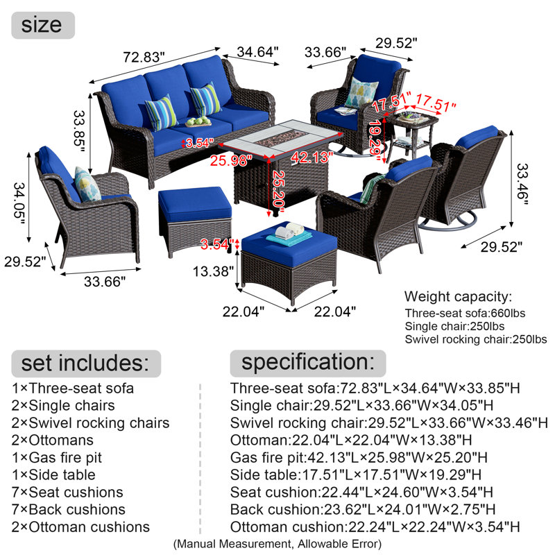 LaTeisha Wicker 8 - Person Patio Conversation Set with Cushions, Brown, Navy Blue
