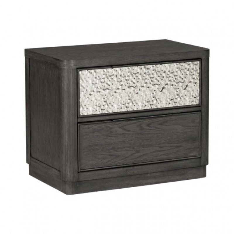 Table de chevet Zoko, 2 tiroirs, ports USB, accents métalliques, bois de frêne gris