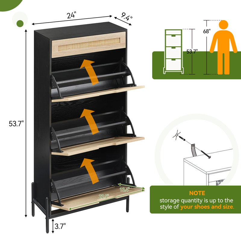 Shoe Cabinet, Shoe Storage with 3 Flip Doors, Natural Rattan Shoe Rack with Adjustable Shelf, 1 Drawer, Shoe Organizer Cabinet for Entryway