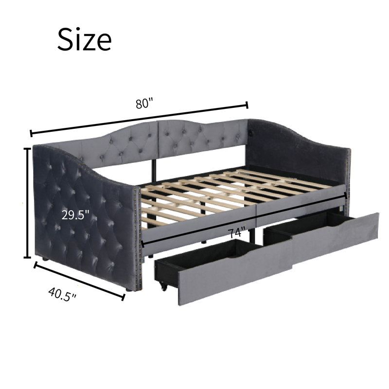 Structure de lit de jour simple rembourrée avec tiroirs de rangement et ports USB, Grey