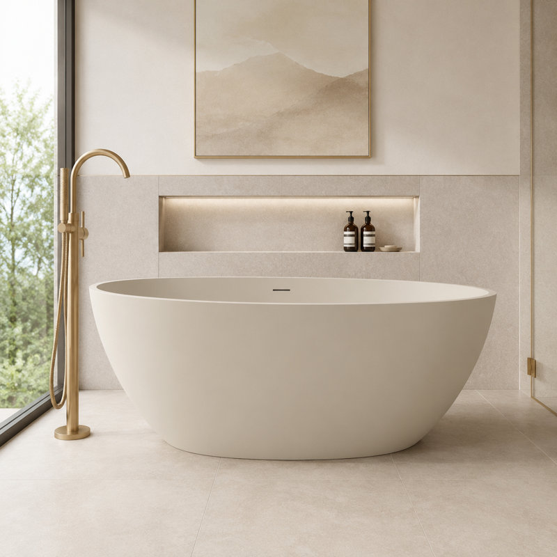 Baignoire de trempage autoportante à surface solide de 55 po, finition ovale beige clair mat, Beige clair