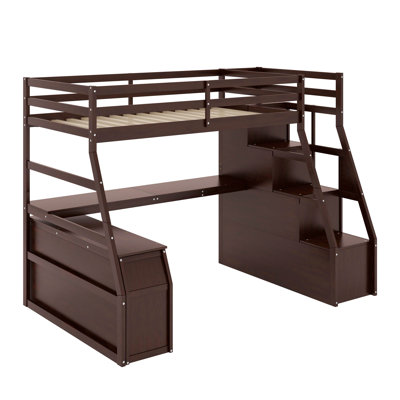 Lit mezzanine simple avec 7 tiroirs, tablettes et bureau