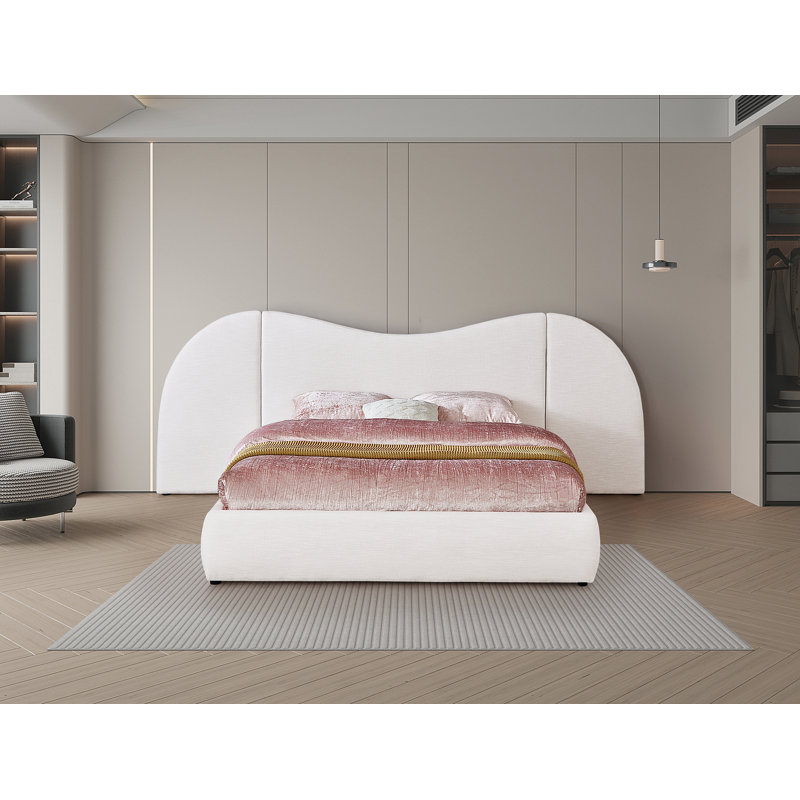 Hyrup Upholstered Panel Bed, White Linen Textured Fabric, Queen
