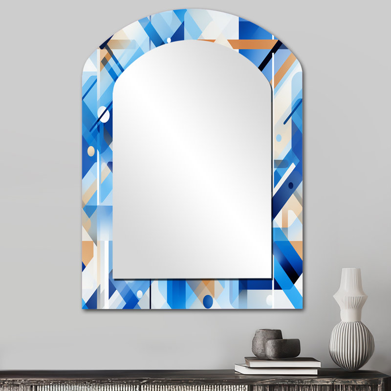 Rockfield - bleu cobalt et grille blanche géométrique - miroir arqué géométrique, miroir mural asymétrique bleu unique, impression d'art