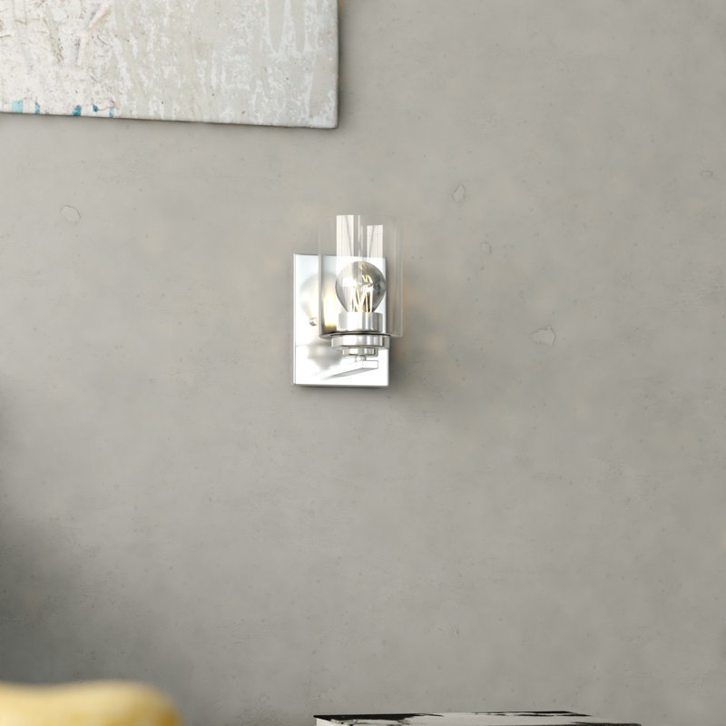 Hitchin Transitional Bathroom Vanity Lighting Fixture, Clear Glass Cylinder Shade, Dimmable, LED Compatible, Reversible Over The Mirror Mounted Steel Wall Sconce