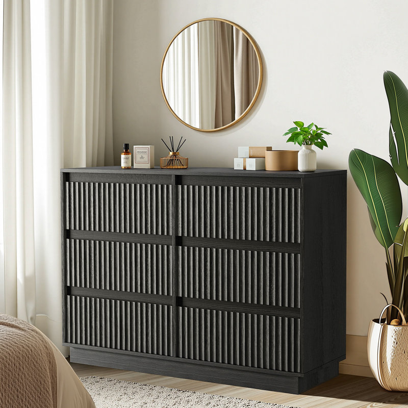 Commode double à 6 tiroirs de 47,2 po avec panneaux ondulés Dejesus, Noir