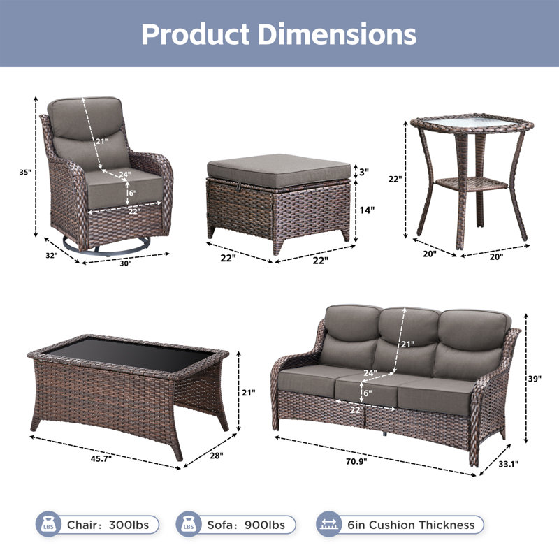 5-7 Person Outdoor Wicker Patio Conversation Set With Ottomans, Brown, Gray