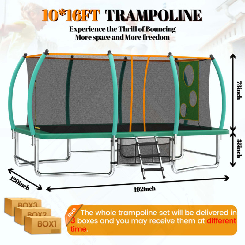 Long trampoline rectangulaire extérieur pour enfants adultes, Vert
