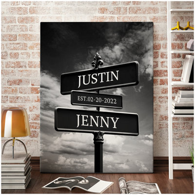 Personalized Street Sign Canvas Wall Art with Custom Names & Date – Black and White Minimalist Design, Modern Framed Décor for Couples and Anniversaries