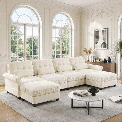 Chenille 4‑Seater U‑Shape Modular Sectional Sofa with Dual Ottomans, Ruffled‑Edge Seat Cushion, Rolled Arms & Lumbar Support Pillows, Cozy Deep Seating for Family Gathering Living Room Space