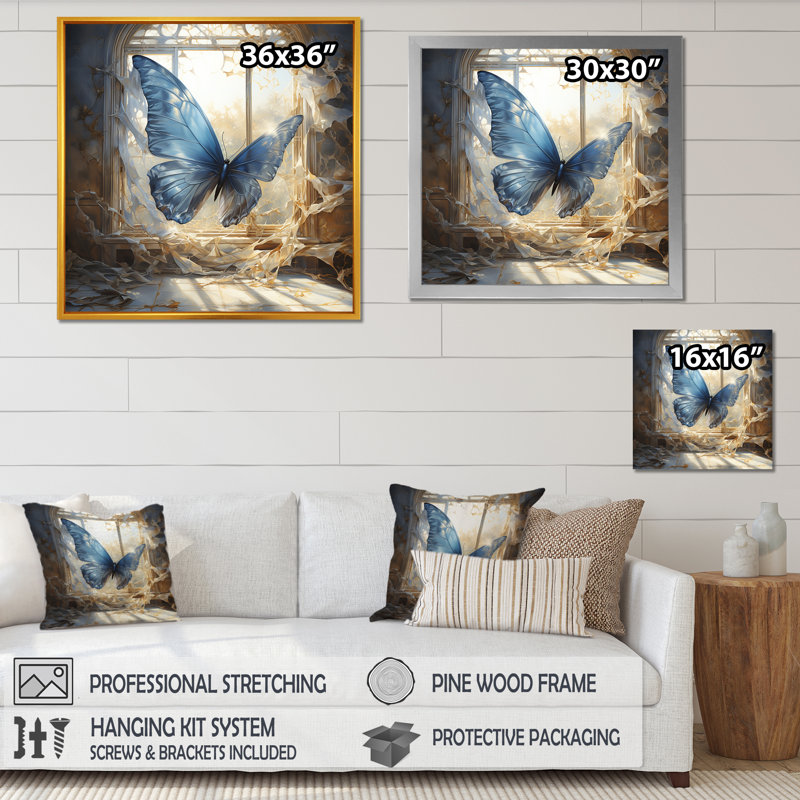 «Cottage Blue Butterfly Escape», art mural papillon, Cadre simple blanc, H 36 po x l 36 po x P 1,5 po