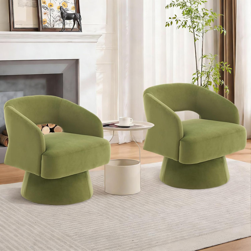 Modern Swivel Barrel Accent Chair, 360° Upholstered Armchair with Striped Backrest & Plush Padding, Green Velvet