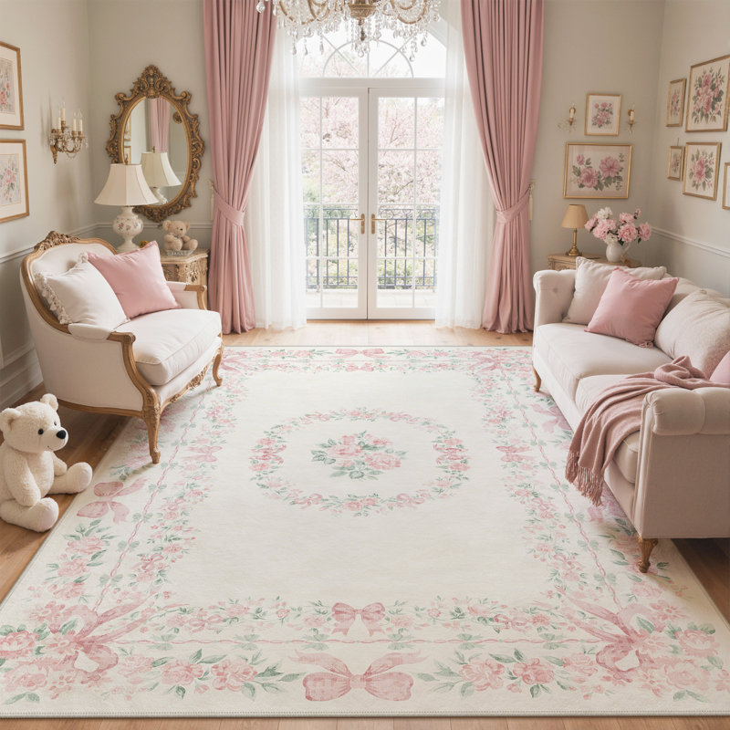 Atascadero Romantic Vintage Floral & Bow Border Kids Area Rug, Machine Washable, Inspired Faux Wool - High-Rebound Foam & Non-Slip Backing