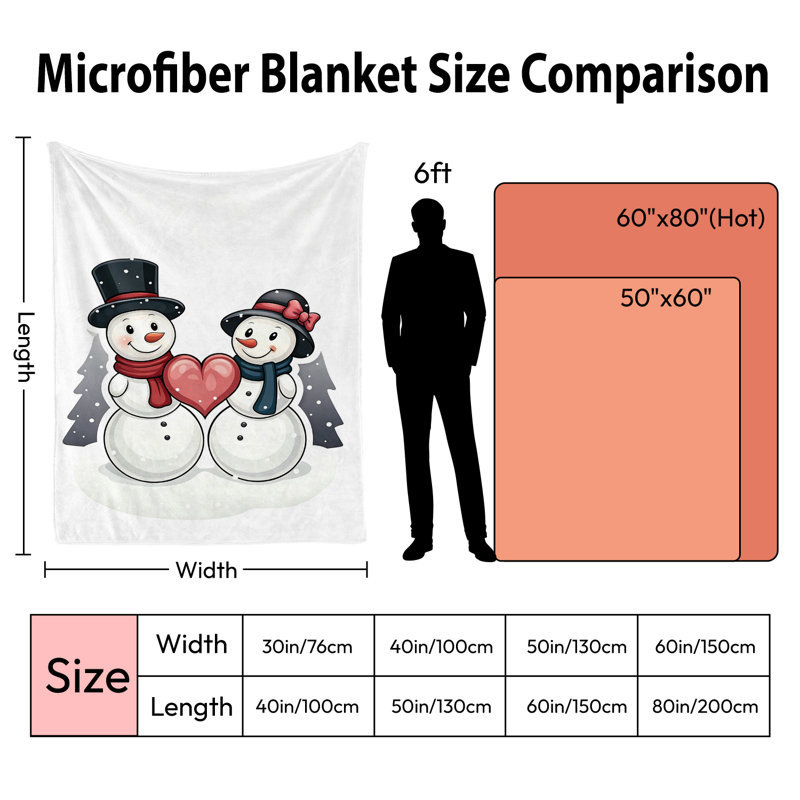 Plaid de Noël en flanelle polaire JYK, léger, respirant, doux et chaud en microfibre pelucheuse, 127 x 152 cm, motif de couple de bonhommes de neige et cœur