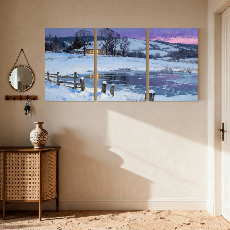 Scénario et paysages urbains paysage d'hiver avec champ enneigé et maison, ensemble de 3 impressions sur toile