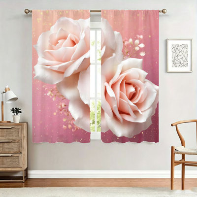 2 pièces de rideaux roses réalistes, tissu filtrant la lumière, imprimé floral romantique, parasol et protection de la vie privée, conception à passe-tringle, pour le salon, la chambre à coucher, le balcon et la cuisine