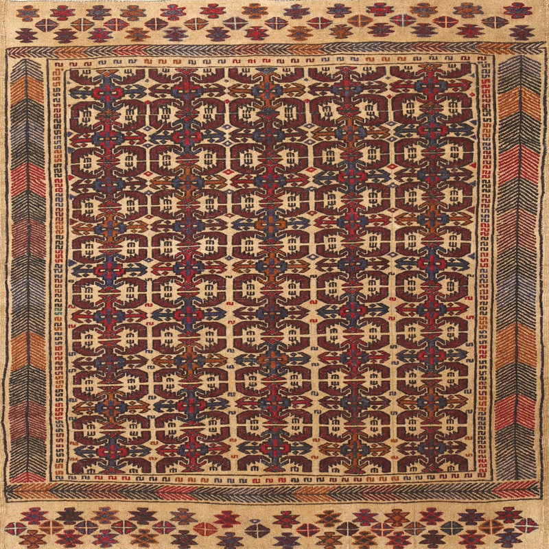 Tapis traditionnel brun / beige / rouge, Carré 3 pi