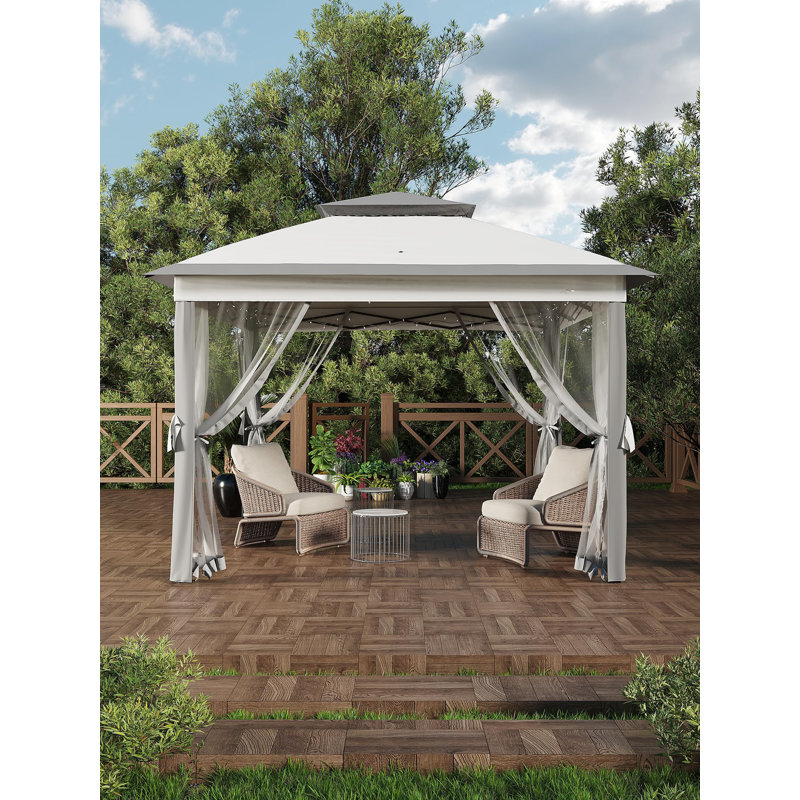 11 x 11 avec moustiquaire. Auvent imperméable et résistant aux rayons UV. Abri extérieur facile à installer, Blanc