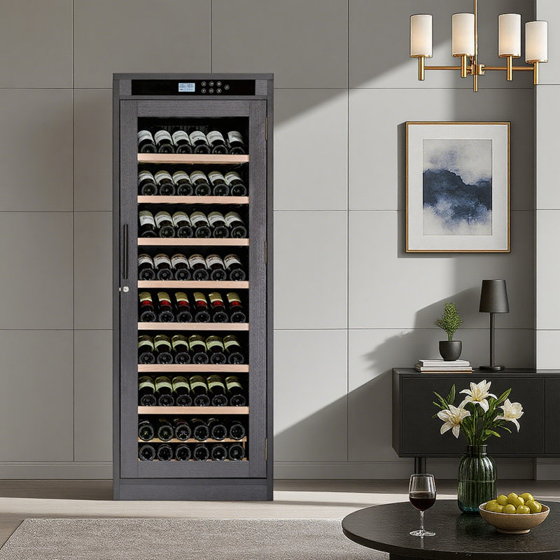 Armoire à vin autoportante, refroidisseur à vin élégant avec porte en verre résistante aux rayons UV, éclairage DEL et support de rangement