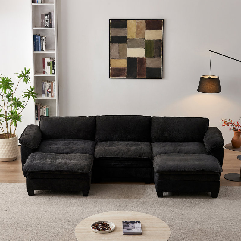 U-Shaped Sectional Sofa With 2 Ottoman, Black Chenille