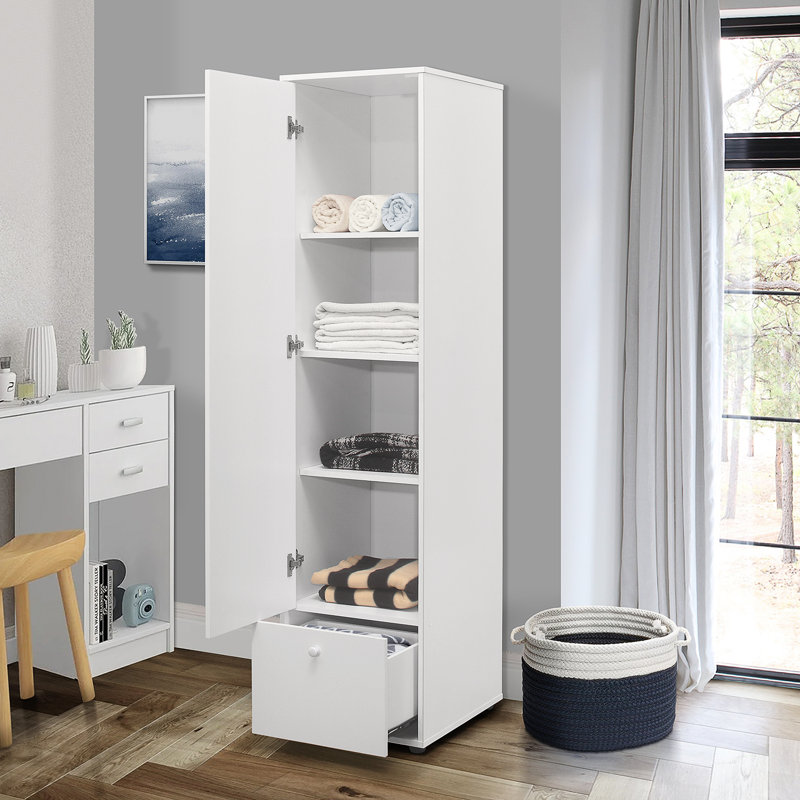 Armoire blanche en bois avec quatre tablettes intérieures et un tiroir de rangement inférieur