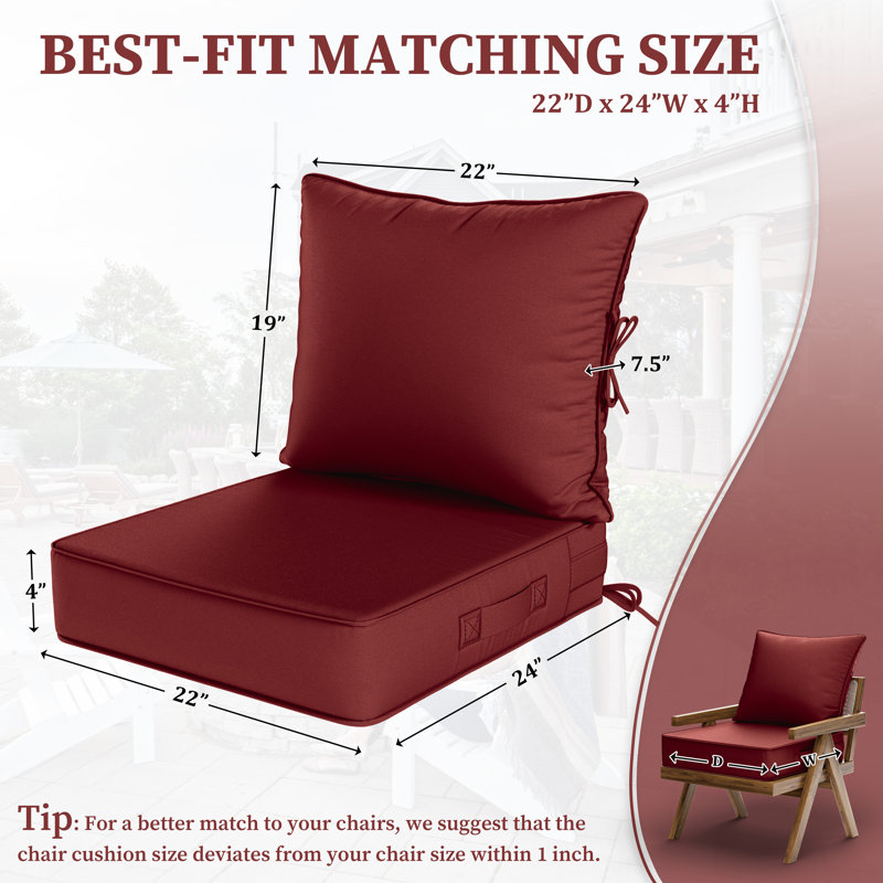 Outdoor Deep Seating Cushion Set Indoor And Outdoor Seat / Back Cushion, Burgundy, 22" W x 24" D