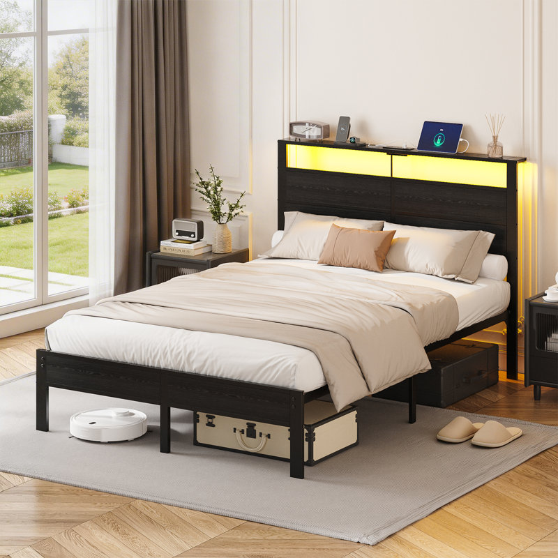 Bed Frame With Charging Station, Storage Headboard And Led Lights, Platform Bed With Metal Slats, Twin, Black