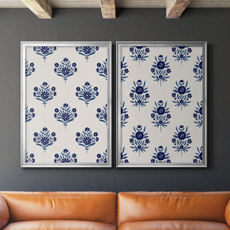 Motif de fleurs indigo I, toile encadrée de qualité supérieure - prête à être accrochée, H 36,5 po x l 53 po x P 2,5 po