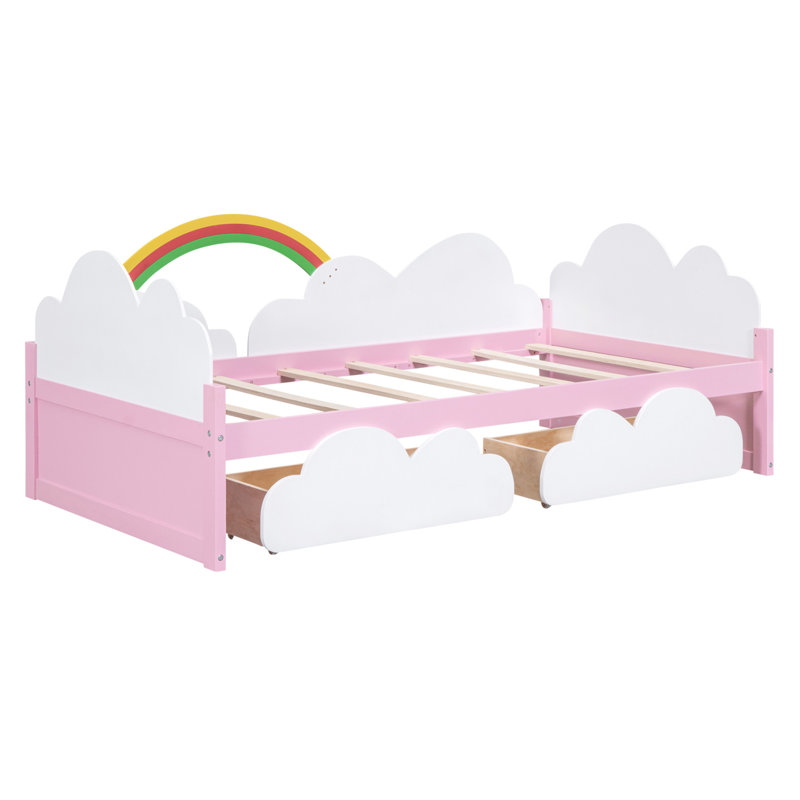 Lit plateforme enchanteur avec nuages et décor arc-en-ciel, parfait pour l'imagination des enfants et l'esthétique de la chambre à coucher, avec tiroirs de rangement