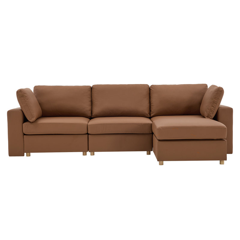 Carrigan Upholstered Sectional with Ottoman, Brown Faux Leather, 3 Seater+1 Ottoman
