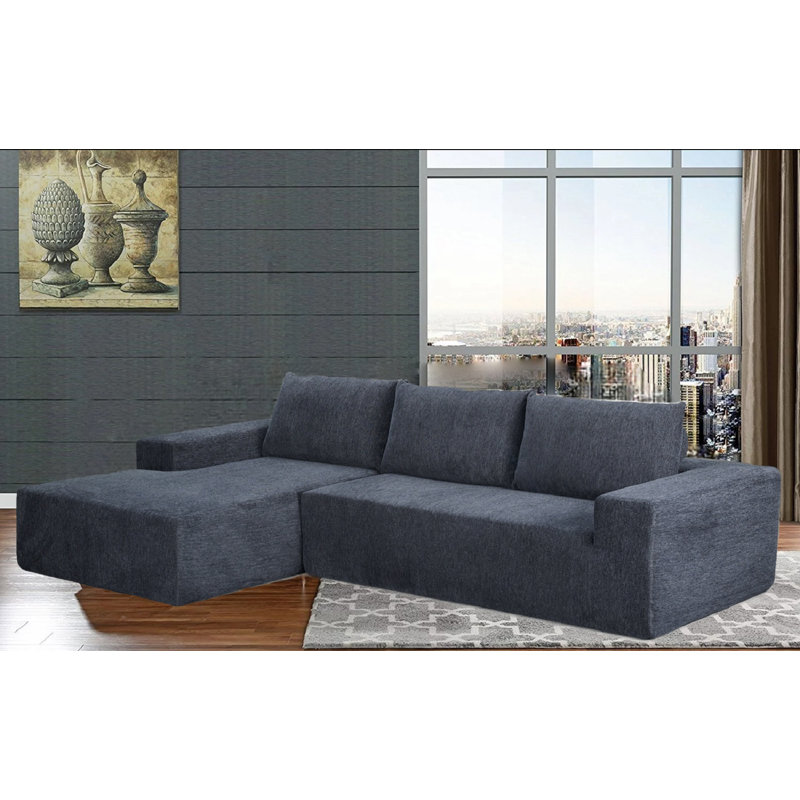 Compression Sofa Upholstered L-Shaped Sectional, Blue Polyester Blend, Left Hand Facing