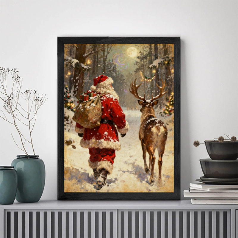 Père Noël rétro noir encadré avec art mural de style rétro, H 11 po x l 9 po