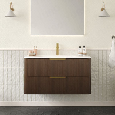 Meuble-lavabo de 36 po avec lavabo, armoire de rangement flottante en contreplaqué ultra-rayé avec tiroirs, lavabo intégré en pierre frittée blanc de Carrare, pré-assemblé, couleur noyer d'Italie