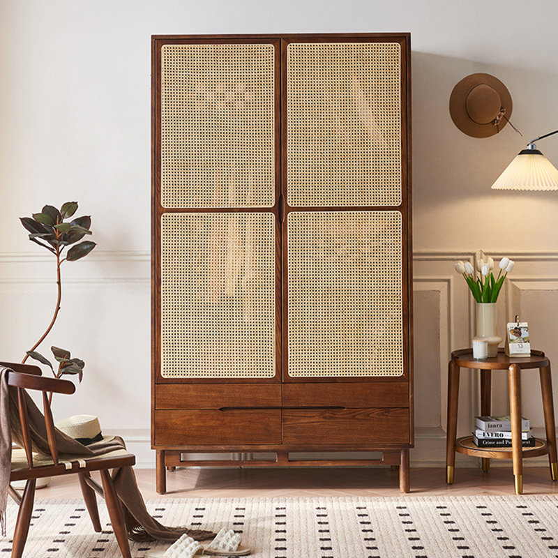 Simple Retro Solid Wood Rattan Wardrobe