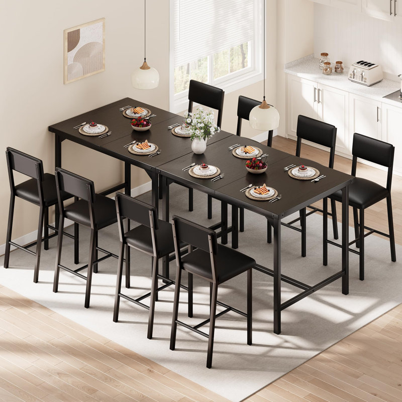 Ensemble de table de salle à manger à hauteur de comptoir 5 pièces pour 4 personnes, table de bar industrielle avec 4 tabourets rembourrés, protecteurs d'angle et repose-pieds en métal, petits espaces