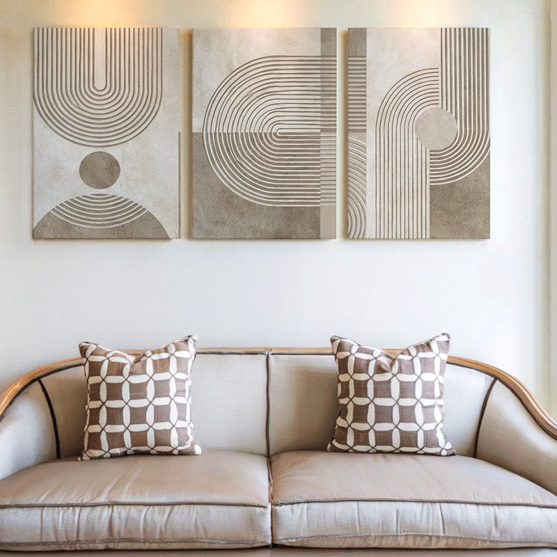 Art mural abstrait géométrique 3 pièces avec motifs texturés beiges, art mural trois pièces pour le salon, la chambre à coucher et le bureau, aspect encadré