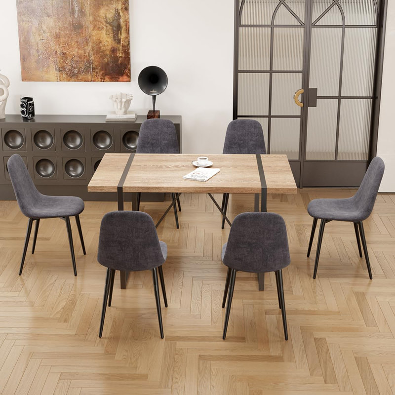 55" Modern Rectangular Dining Table Set, 7 Pieces: Table, 6 Chairs, Gray