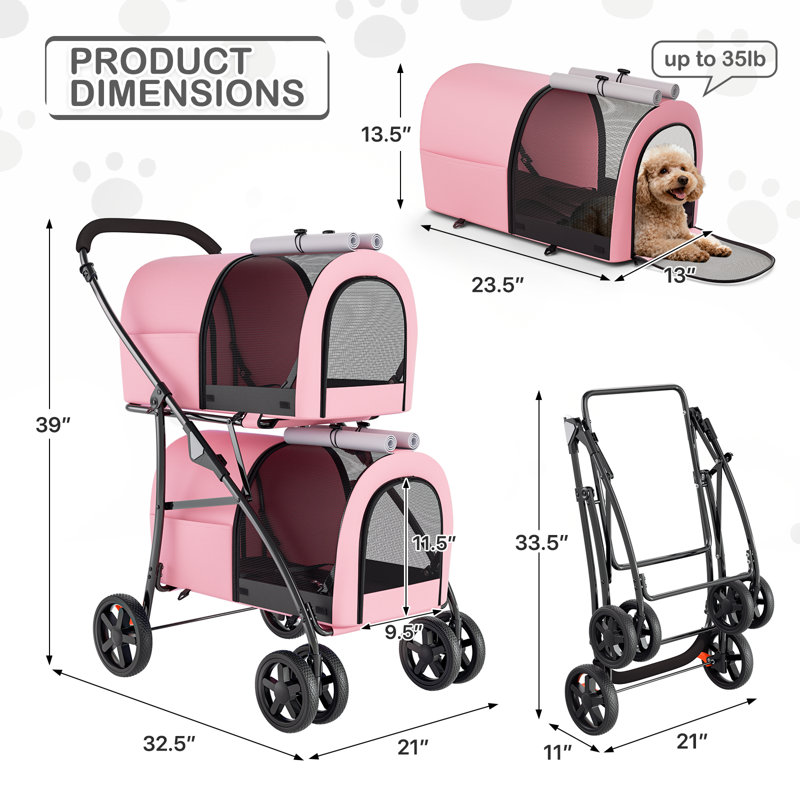 Foldable Pet Stroller with Double Detachable Carriers, Folding Dog Cat Jogger Stroller with Tether, Pink/Gray