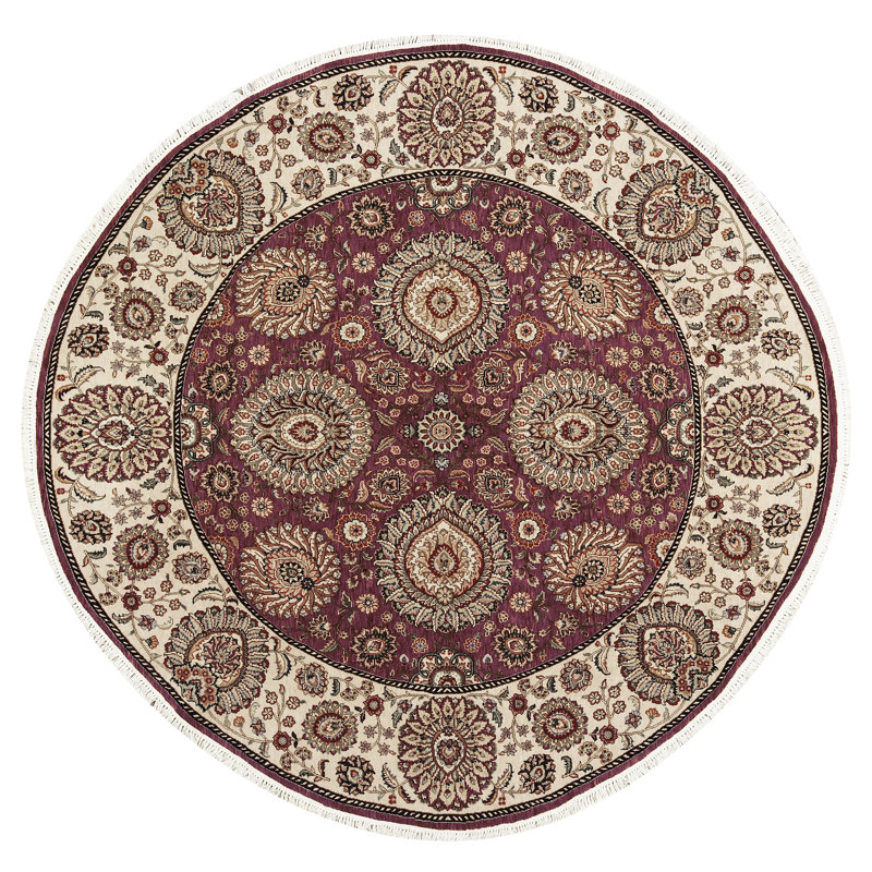 Tapis rond rouge et beige noué à la main de haute qualité